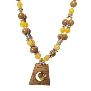 Vintage Boho Stone and Yellow Beaded Necklace with Pendant